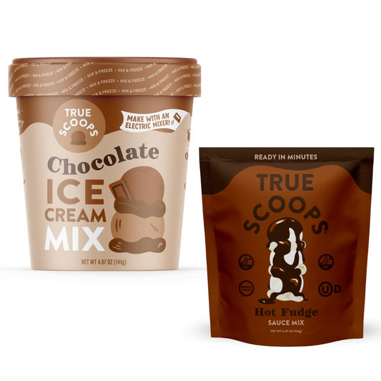 True Scoops Homemade Chocolate Ice Cream Mix & Hot Fudge Sauce Mix - No Ice Cream Maker Needed, Gluten Free, Kosher Certified, Rich Chocolate Flavor. Gluten Free, Peanut Free, Egg Free