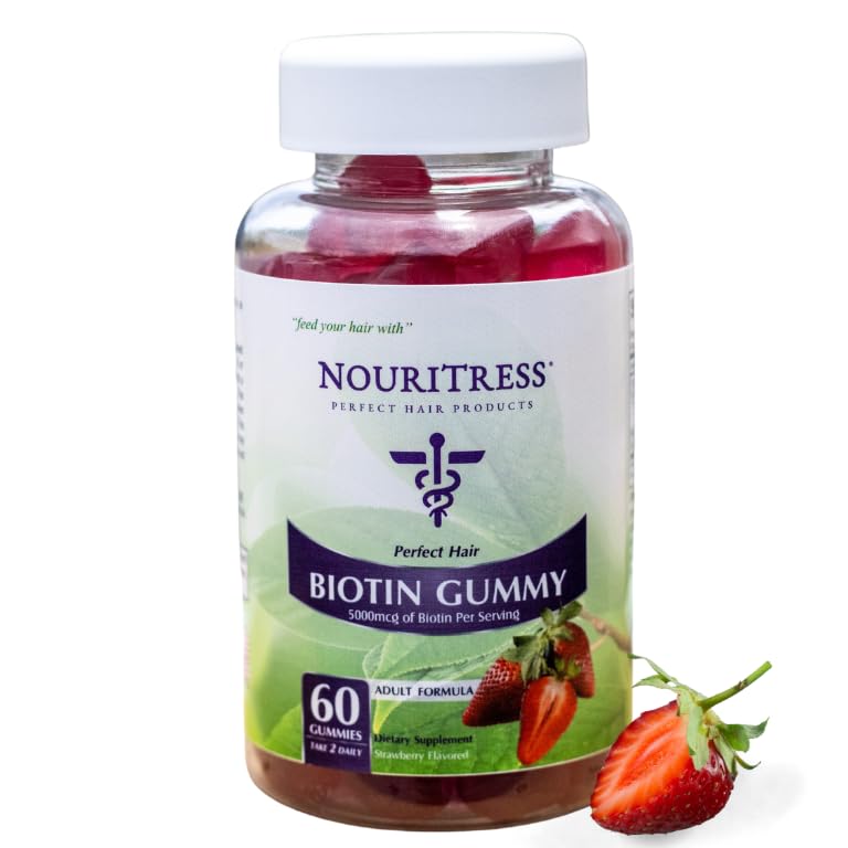 NouriTress Perfect Hair Biotin Gummies - 60 ct. | 5000 mcg | Soft Chew | Supports Healhty Hair, Skin and Nails | Strawberry Flavored | Soft Chew | 1 Month Supply