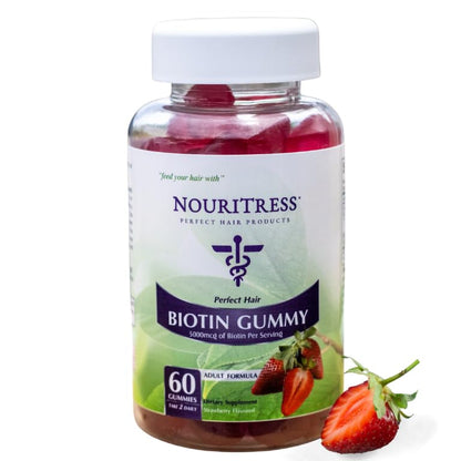 NouriTress Perfect Hair Biotin Gummies - 60 ct. | 5000 mcg | Soft Chew | Supports Healhty Hair, Skin and Nails | Strawberry Flavored | Soft Chew | 1 Month Supply