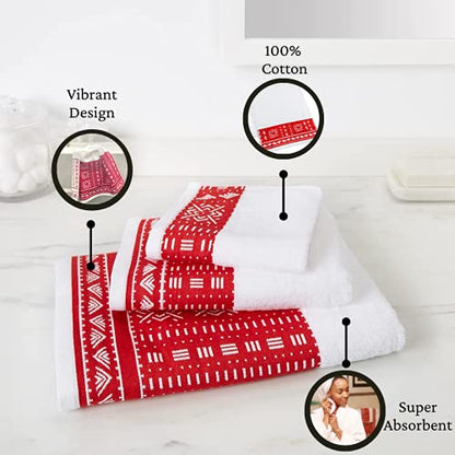 Eclipse Home OBI-Carmine Red Bathroom Towel Set - Pure Cotton Bath Towels - Soft, Fluffy Super Absorbent Cloths for Shower, Beach, Kitchen - African Mud Cloth Patterned - Set of 3 Luxury Washcloths