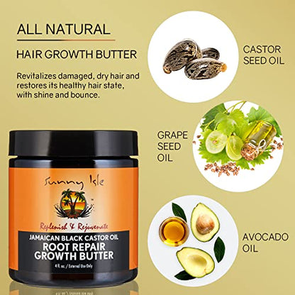 Sunny Isle Jamaican Black Castor Oil Root Repair Growth Butter 4oz | Restores & Revitalizes ALL Damaged Hair Types | Nutrient-Rich, Stimulates Hair Growth | Fights Dry, Itchy, Flaky Scalp