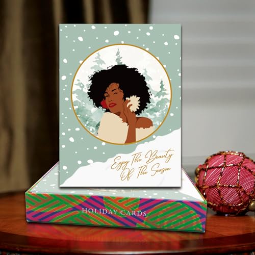 Shades of Color Enjoy The Beauty Of The Season African American Christmas Cards 5 x 6.75 inches, 15 Cards and Envelopes (X23-180)