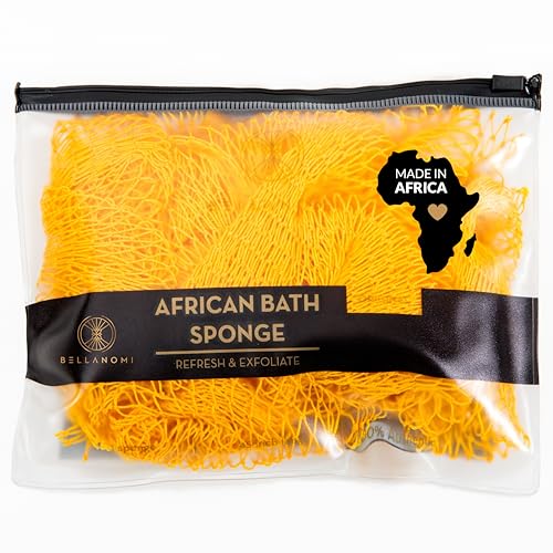 BELLANOMI African Exfoliating Net Sponge, Authentic, Ethically sourced from Nigeria, 45 inches Long, Back Scrubber for Daily use (Yellow)