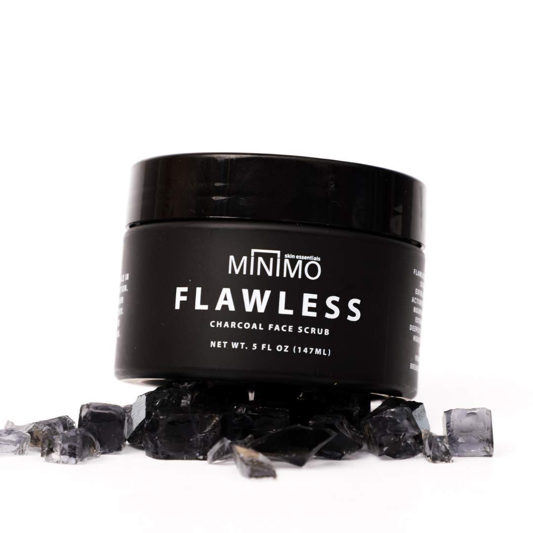 Minimo Flawless Charcoal Face Exfoliating Scrub + Applicator & Moisturizer for Bright Clear Skin Cleanse & Detox - All Natural Activated Charcoal - Fragrance Free for Sensitive Skin (5 oz)