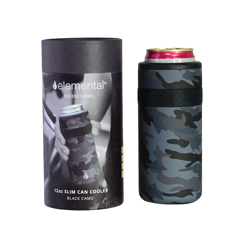 Elemental Insulated Slim Can Cooler, Triple Wall Stainless Steel Skinny Can Cooler - Drink Cooler Insulator for 12oz Skinny Seltzers, Beer, Soda Cans - Black Camo