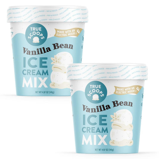 True Scoops 2-Pack Vanilla Bean Ice Cream Mix. Add One Ingredient - Half & Half! Makes 1 Pint of Ice Cream With An Electric Mixer. Made With Real Vanilla Beans. Gluten-Free, Peanut-Free, and Kosher.