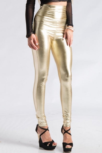 2Chique Boutique Women's Gold High Waist Faux Leather Leggings (Medium)