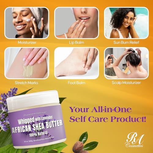 RA COSMETICS Whipped Shea Butter Lavender - 100% Pure and Natural African Shea Butter - Ultimate Handcrafted Moisturizer with Essential Vitamins for Radiant Skin and Luscious Hair - 12oz Jar