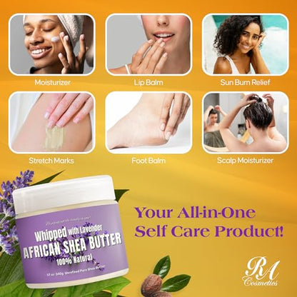 RA COSMETICS Whipped Shea Butter Lavender - 100% Pure and Natural African Shea Butter - Ultimate Handcrafted Moisturizer with Essential Vitamins for Radiant Skin and Luscious Hair - 12oz Jar