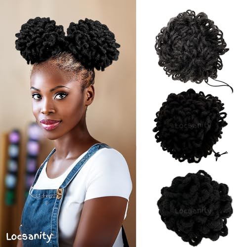 Locsanity Handmade Drawstring Clip-in Real Human Hair Loc Petal Buns, Various Widths: 0.08 in, 0.16 in, 0.24 in,Natural Undyed Black (.2cm)