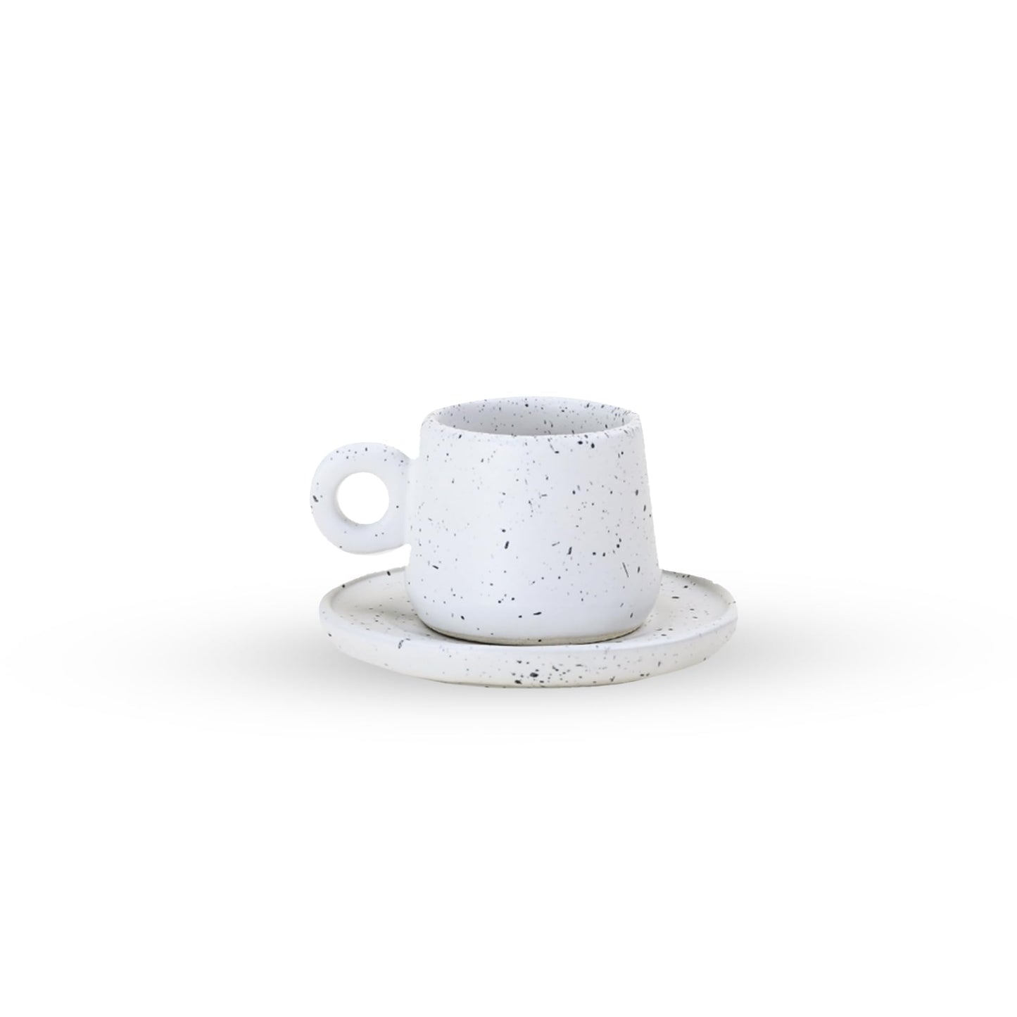 SWEET JULY Edgewater Collection Espresso Cup & Saucer Set - Durable, Hand-Thrown Ceramic, 5 oz Capacity, Perfect for Espresso & Coffee - Avail. in White, Black, Gray and Chai (White Speckled)