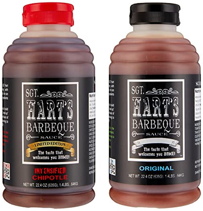 SGT. Hart’s BBQ Sauce – Limited Edition Pack with Original and Intense Chipotle Barbecue Sauces, Sauce for Glazes, Marinades and Dips, Handcrafted Beef, Pork and Chicken BBQ Sauce, 22.4 oz – Pack of two