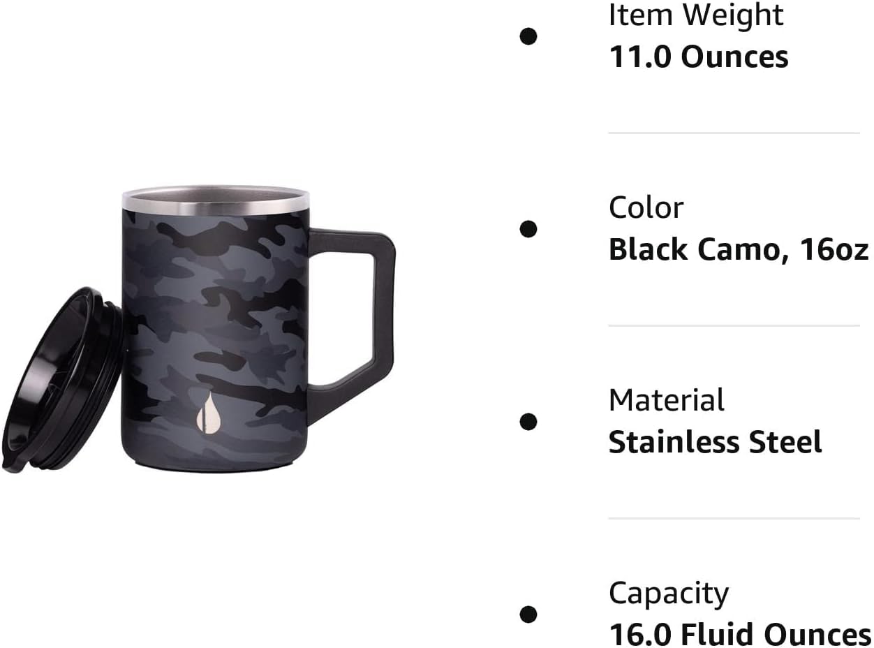 Elemental Insulated Coffee Mug - Triple-Wall Stainless Steel Summit Travel Cup for Hot and Cold Drinks - Thermal Coffee Mug with Lid and Handle for Camping, Office & Travel 16oz - Black Camo