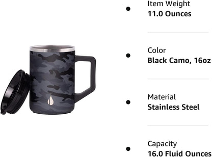 Elemental Insulated Coffee Mug - Triple-Wall Stainless Steel Summit Travel Cup for Hot and Cold Drinks - Thermal Coffee Mug with Lid and Handle for Camping, Office & Travel 16oz - Black Camo