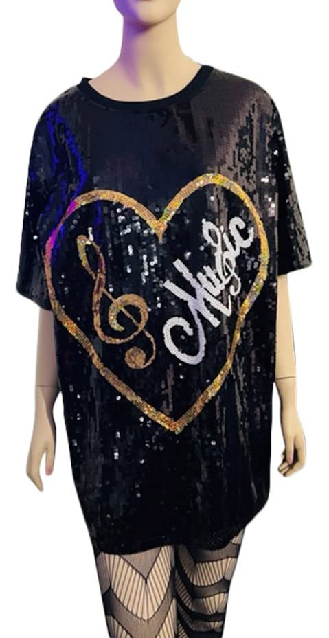 2Chique Boutique Women's Sequin T Shirt Dress Heart Music Treble Clef One Size Black Mini Dress