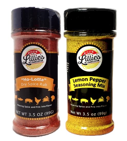 Lillie's of Charleston Chicken Wing Seasoning 2pk | Lemon Pepper + Ho-Lotta (Mild) | Also Great On Grilled or Fried Fish, Seafood and Vegetables | Keto Non-GMO No Preservatives Vegan | (2 pack shaker top - 7oz)