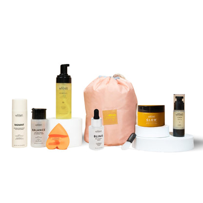 Minimo Skin Essentials Glow (Citrus Peach) Bundle Skin Care Routine | Skin Care System Face Wash, Scrub, Serum, Mask, Toner, Moisturizer & 2 Applicators | 60 Day Supply