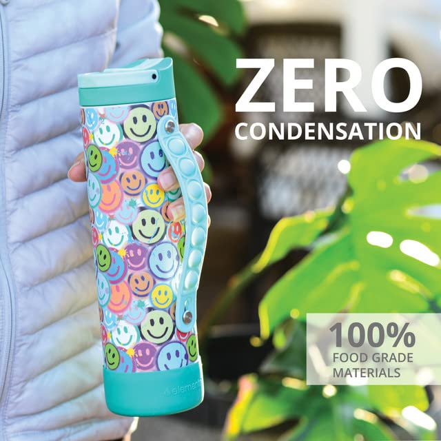 Elemental Iconic Kids Water Bottle with Straw Lid & Stress Reliever Pop It Handle, Leak-Proof When Closed, Triple Insulated Stainless Steel Reusable Thermos Water Bottle, 20oz -Graffiti Smile