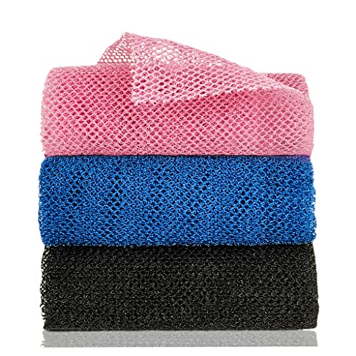 SPMKTBOZAI African Exfoliating Net, 3 Pieces African Net Sponge, Nylon African Bathing Sponge Net, African Net Long Net Bath Sponge Shower Body Scrubber Back Scrubber Skin Smoother(Black,Blue,Pink)