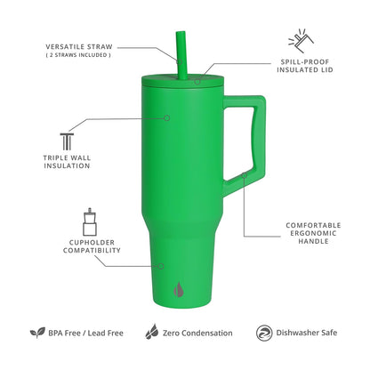 Elemental 40 oz Tumbler with Handle and Straw - Spill Proof Insulated Stainless Steel Commuter for Hot and Cold Beverages - Travel Coffee Mug with 2 Straws & Spill Proof Lid - 40oz - Green