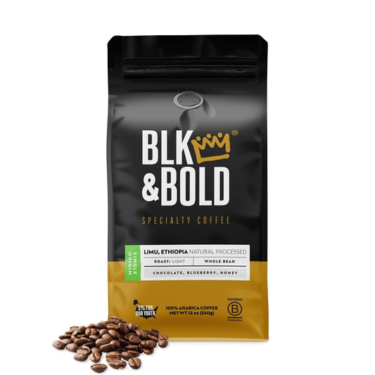 BLK & Bold Whole Bean Coffee, Limu Ethiopia Single Origin Premium Light Roast, Natural Processed, Whole Bean, 100% Arabica Beans, 12 oz Bag