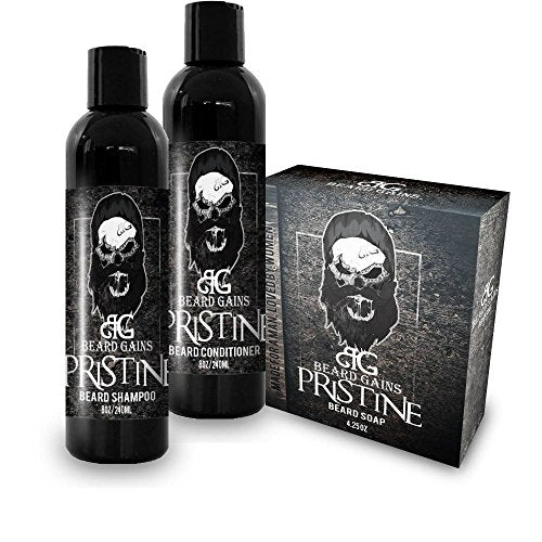 BEARD GAINS Pristine Scented Beard Wash Bundle Kit W/Shampoo, Conditioner and Soap Bar | Eliminate Itch & Dandruff & Soften Facial Hairs | Made in USA