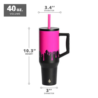 Elemental 40 oz Tumbler with Handle and Straw - Spill Proof Insulated Stainless Steel Commuter for Hot and Cold Beverages - Travel Coffee Mug with 2 Straws & Spill Proof Lid - 40oz - Hot Pink Drip