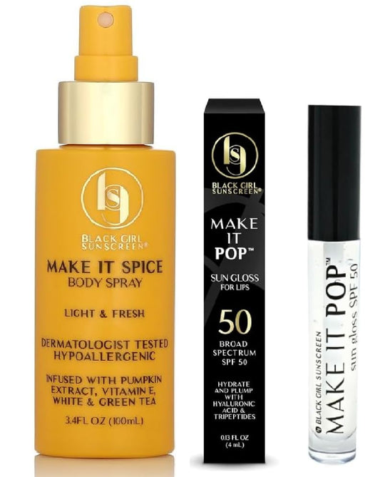 BLACK GIRL SUNSCREEN Ultimate Sun Care Duo - First Ever BGS Body Spray & Make It Pop Lip Sungloss SPF 50