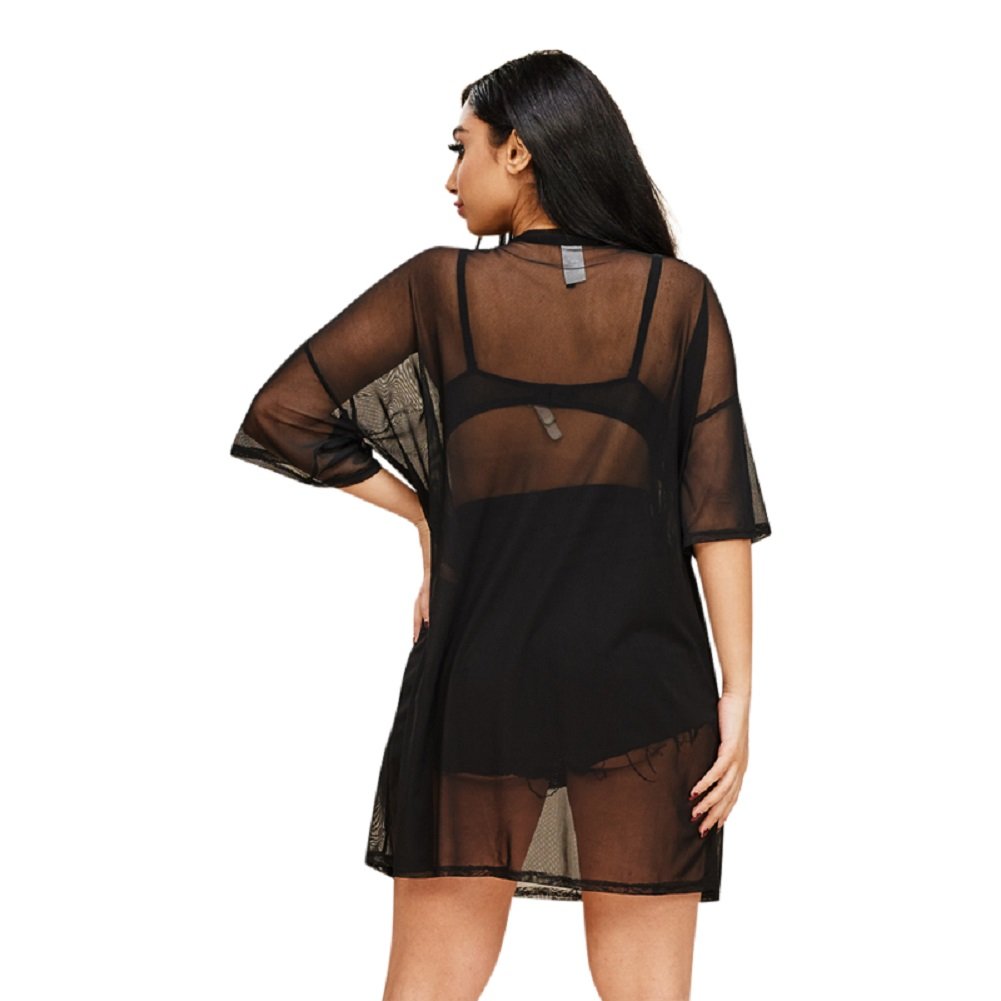 2Chique Boutique Women's Short Sleeve Black Mesh Tunic with Mermaid Sequins Design (Small)