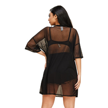 2Chique Boutique Women's Short Sleeve Black Mesh Tunic with Mermaid Sequins Design (Small)