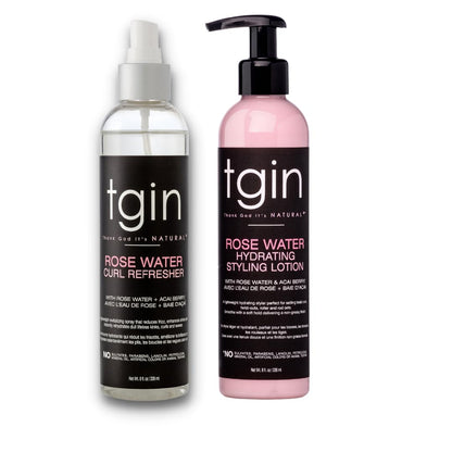 tgin Rose Water Curl Refresher and Rose Water Hydrating Styling Lotion Duo - Natural Hair - Braids - Loc Spray - Curly, Wavy, Kinky, Protective Styles - 8 Oz each