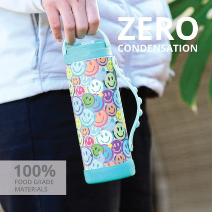 Elemental Iconic Kids Water Bottle with Straw Lid & Stress Relief Pop It Handle, Leak-Proof When Closed, Triple Insulated Kids Stainless Steel Water Bottle For Girls and Boys, 14oz -Graffiti Smile