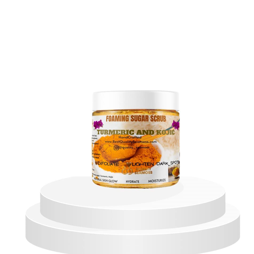 Quality Seamoss Turmeric and Kojic Foaming Sugar Scrub 12 oz.| Kojic Turmeric Face & body scrubs for women, Stretch marks| Dark Spots| Fade Scars Sun Damage| Bikini area| Ingrown hair