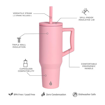Elemental 40 oz Tumbler with Handle and Straw - Spill Proof Insulated Stainless Steel Commuter for Hot and Cold Beverages - Travel Coffee Mug with 2 Straws & Spill Proof Lid - 40oz - Rose