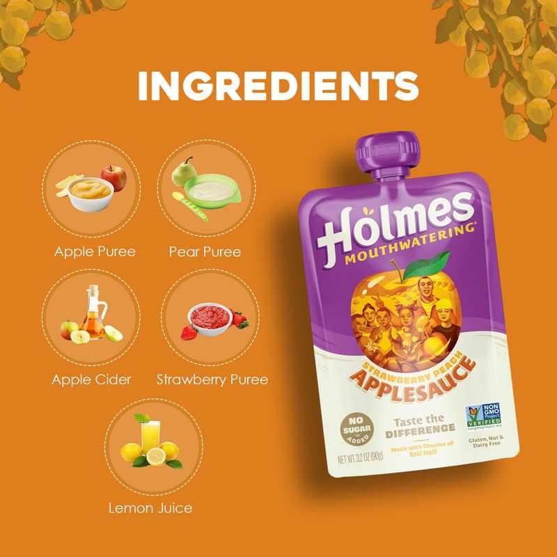Holmes Mouthwatering Applesauce, Applesauce Squeeze Pouch, Organic Strawberry Applesauce Pouches with Real Chunks of Fruit, No Artificial Flavors Fruit Snack (Strawberry Peach, 12 Pack of 3.2 oz)