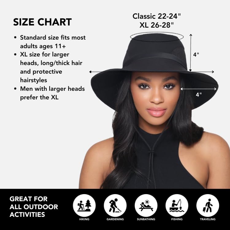 Hairbrella Stylish Waterproof Satin Lined Sun Hat, UV Protection, Wide Brim Beach Hat, Adjustable Fit and Breathable Design (Black)