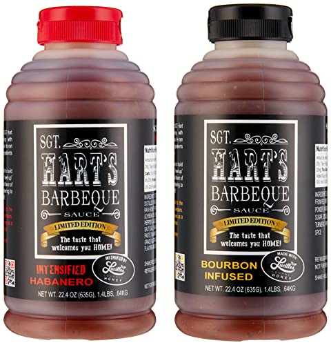 SGT. Hart’s BBQ Sauce - Classic Pack with Boubon and Intense Habanero Barbecue Sauces - 22.4oz Each Pack of 2 Sauces for Glazes, Marinades and Dips, Handcrafted Beef, Pork and Chicken BBQ Sauce