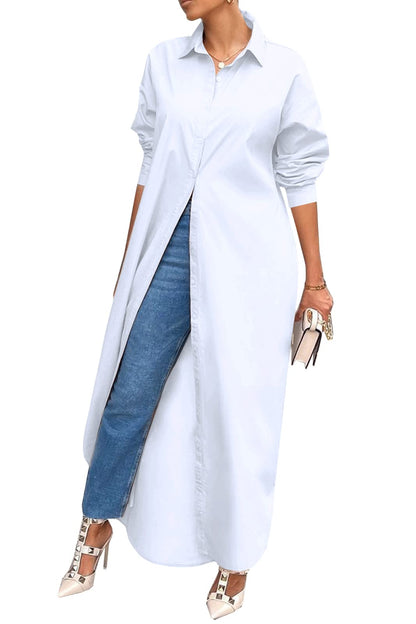 Choichic Shirt Dresses for Women Casual Long Sleeve Collared Solid Color Loose Button Down T Shirts Dress Plus Size Maxi Dresses XX-Large White