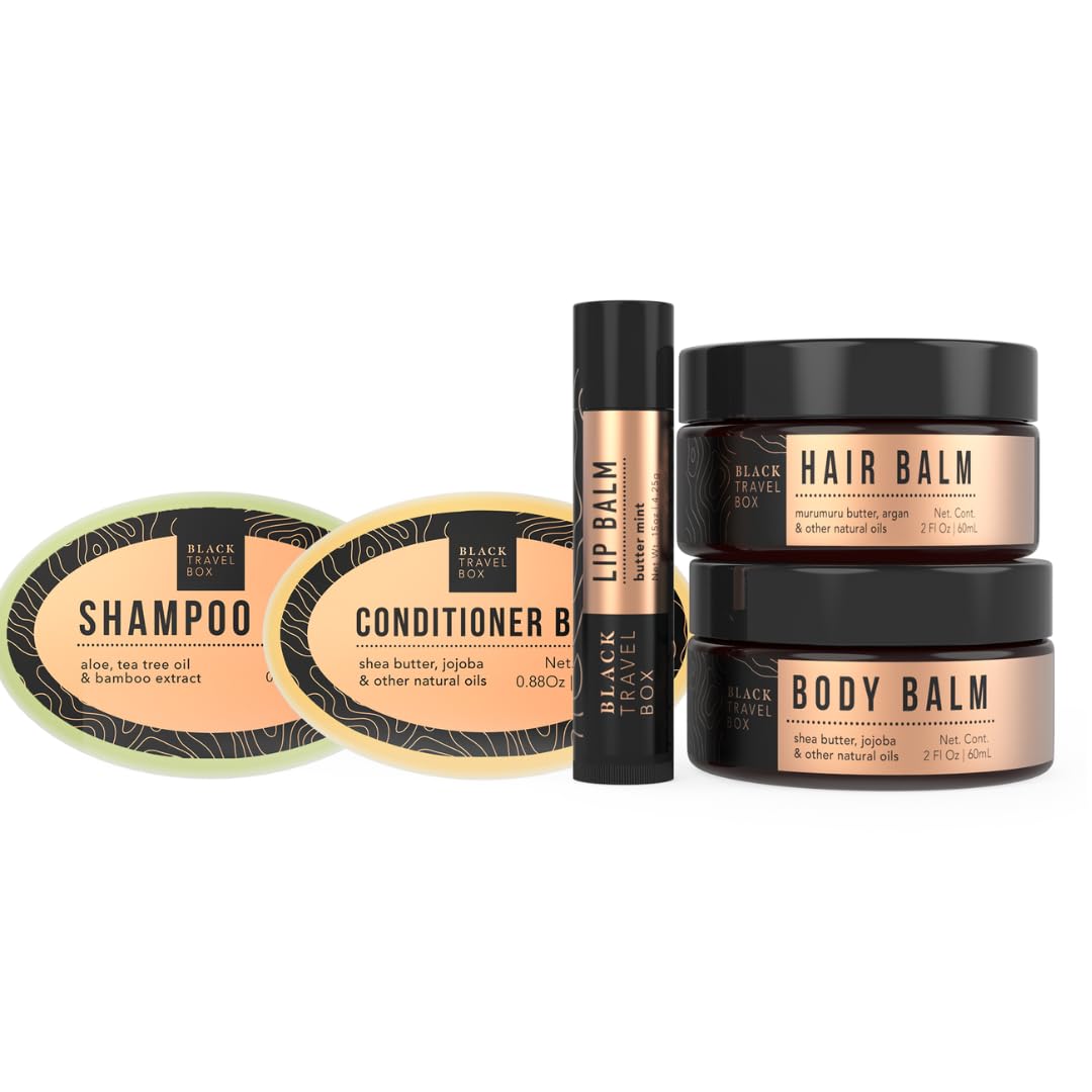 BLACKTRAVELBOX Carry On Starter Kit - 5 Travel-size Beauty Essentials, Shampoo, Conditioner, Body Lotion, Hair Balm, Lip Balm, TSA Friendly