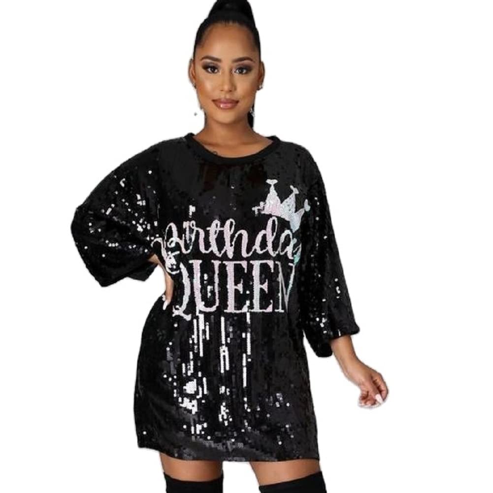 2Chique Boutique Women’s Sequin T Shirt Dress Birthday Queen One Size Mini Dress Black/AB