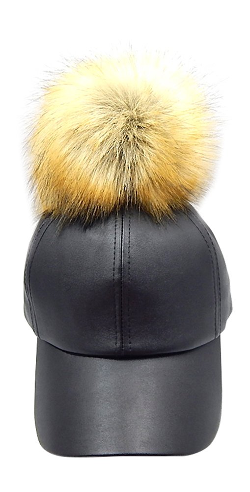2Chique Boutique Women's Black Leather Big Pom Pom Baseball Hat (Brown)