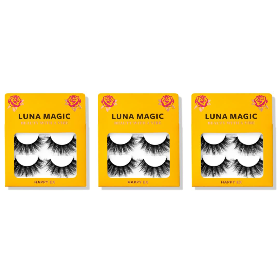 LUNA MAGIC Happy Ex Faux Mink Wispy Lashes, Reusable, 3 Pack