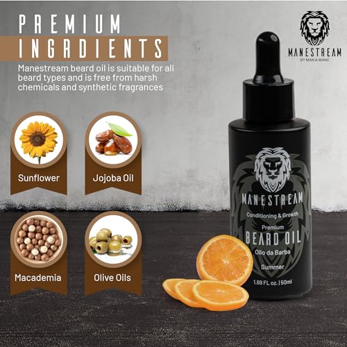 Premium Handmade Round Oxhorn Medium Stiff Natural Boar Bristle Men’s Travel Beard and Hair Care Brush with Beard Oil - Orange