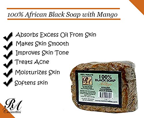 RA Cosmetics 100% Natural African Black Soap, Mango Scent, 5 oz, 141g