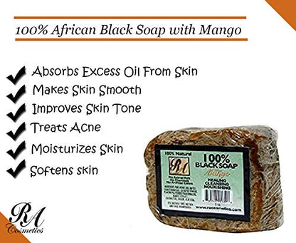 RA Cosmetics 100% Natural African Black Soap, Mango Scent, 5 oz, 141g