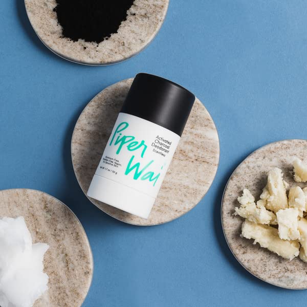 PiperWai Natural Deodorant w/Activated Charcoal | Odor Protection, Vegan, Aluminum Free Deodorant for Women & Men | Travel Essential Shark Tank Product | 50g Unscented Stick 2-Pack