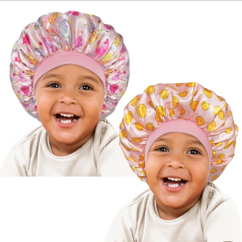 BONNET QUEEN Baby Bonnet 2Pcs Kids Bonnet Wide Elastic Silk Bonnet Double Layer Reversible Baby Satin Bonnet Toddler Bonnet 2-8 Years Gold Ring & Floral