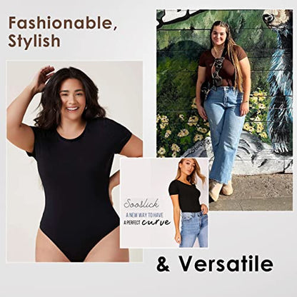 Soo slick Shapewear Bodysuit for Women Tummy Control Tops Crew Neck Short Sleeve Thong Sculpting Clothing with Removable Padding and Straps (Brown Small)