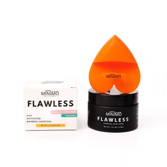 Minimo Flawless Charcoal Face Exfoliating Scrub + Applicator & Moisturizer for Bright Clear Skin Cleanse & Detox - All Natural Activated Charcoal - Fragrance Free for Sensitive Skin (5 oz)