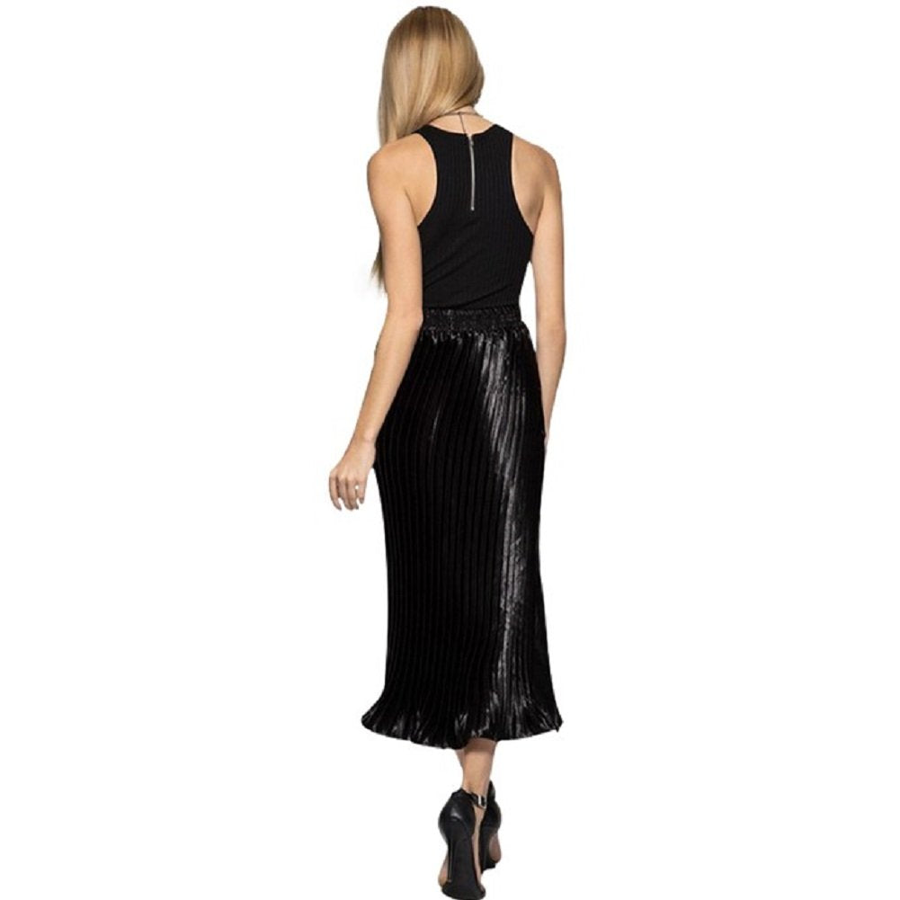 2Chique Boutique Women's Black Metallic Foil Pleated Midi Skirt (Medium)